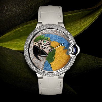 Cartier Ballon Bleu Floral Inlay Watch diamond bezel and parrot design