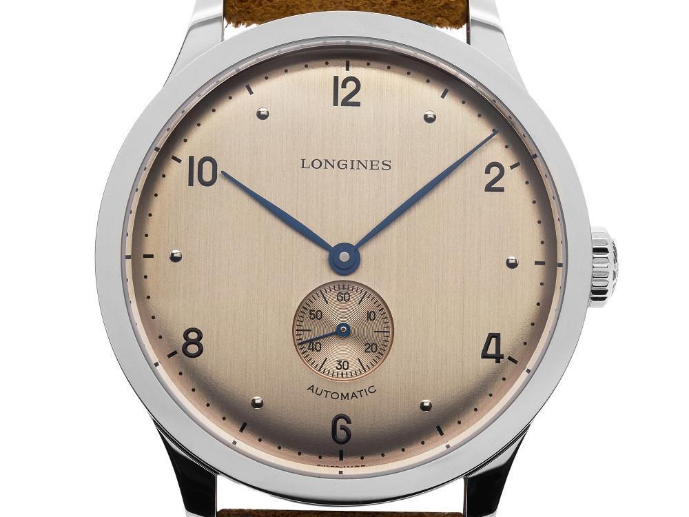 Longines Heritage 1945 brushed copper dial with leaf-shaped hands