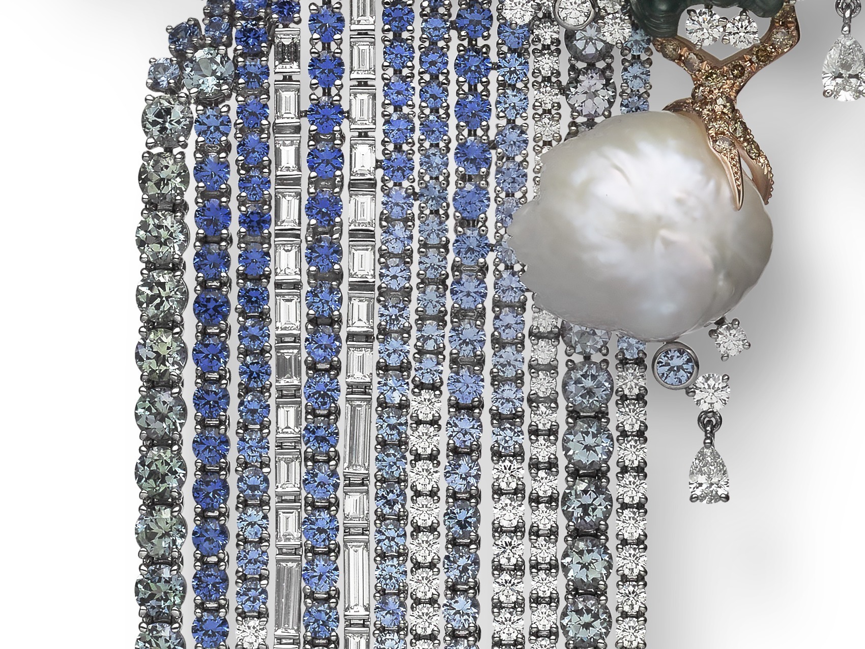 Mikimoto Japanese Sense of Beauty pearl brooch gemstone waterfall
