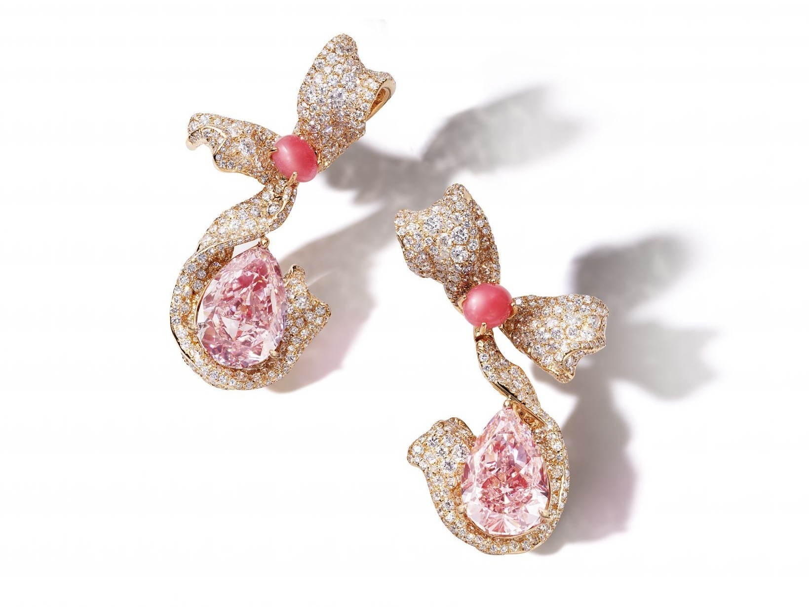 Pear-shaped Fancy Intense Pink Diamonds on ribbon earrings
