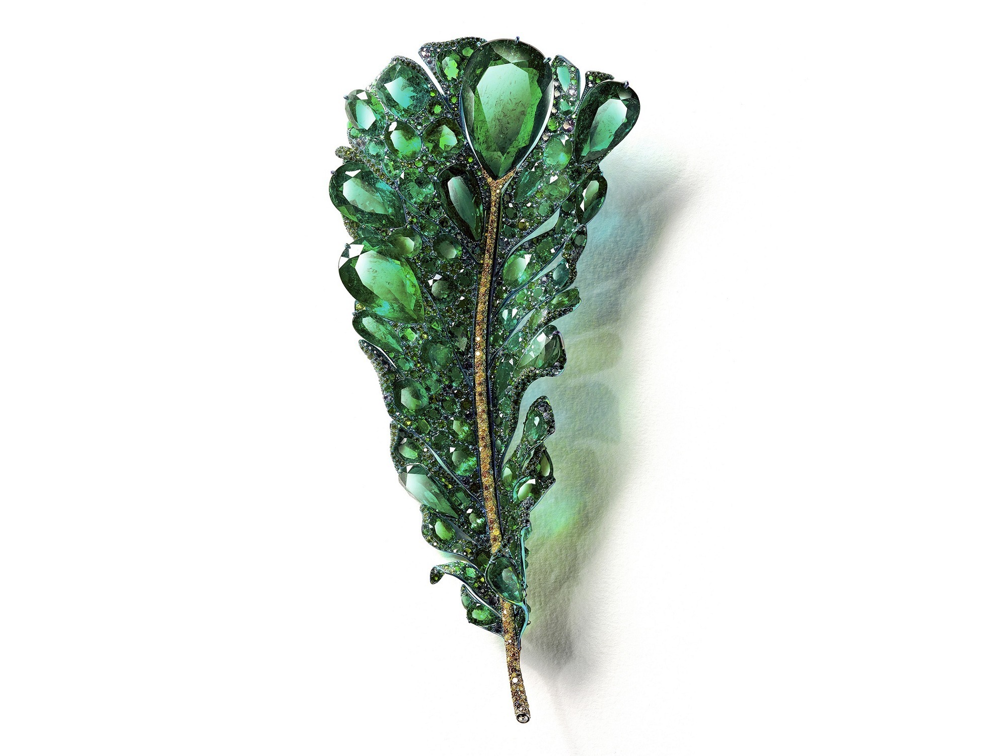 Cindy Chao Green Plumule brooch and earrings high jewelry