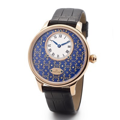 Jaquet Droz Gold Leaf Carved Enamel Petite Heure Minute closeup