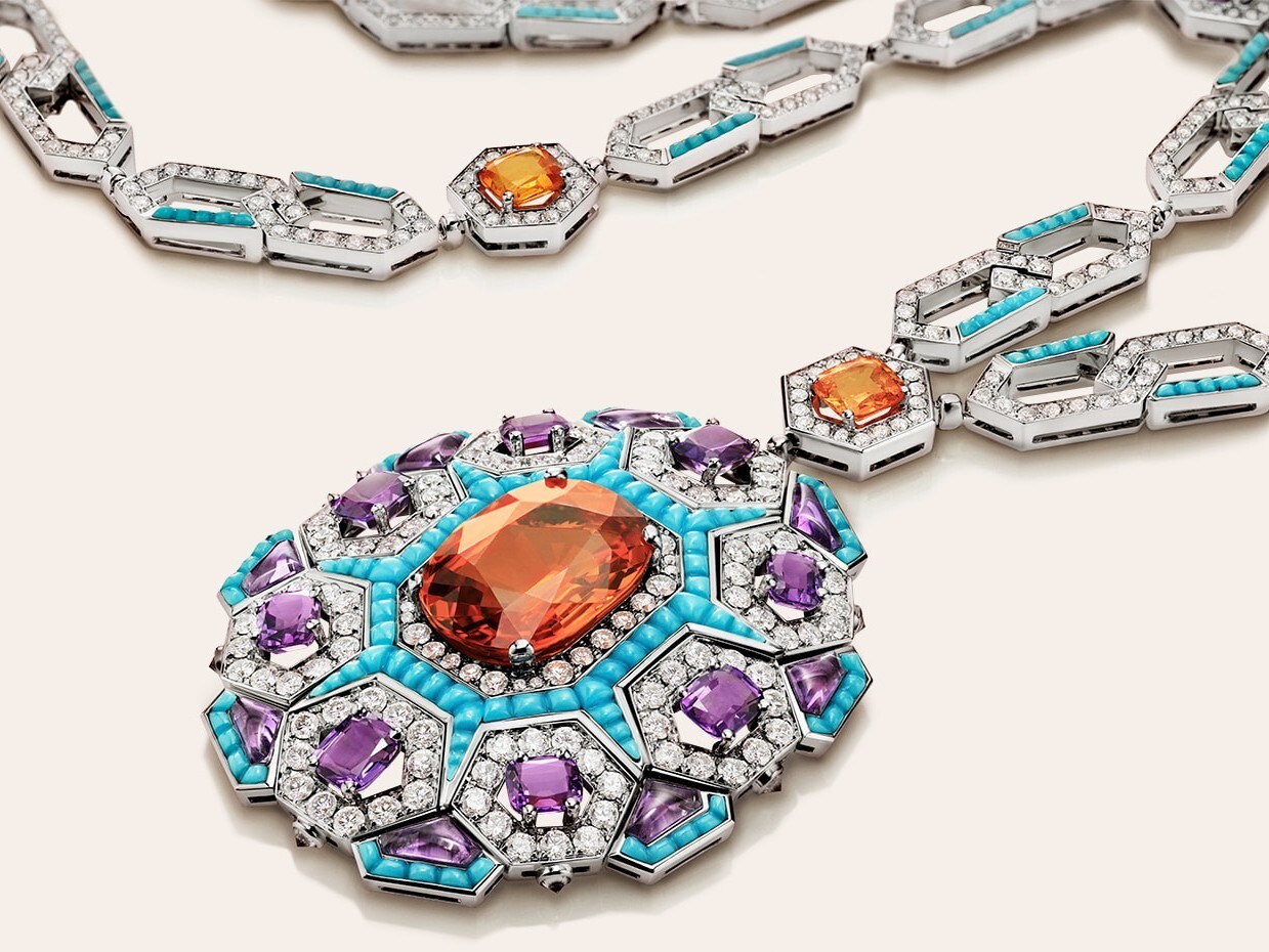 Geometric BVLGARI necklace with turquoise and amethyst