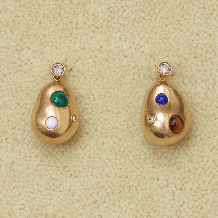 Celine Baroque earrings adorned with malachite, lapis lazuli, and tiger eye stones
