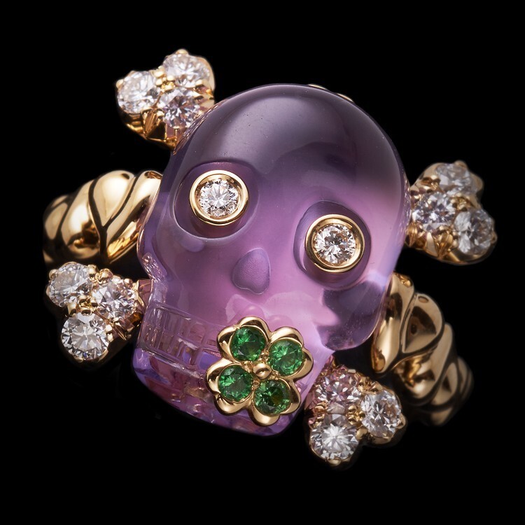 Dior Tête de Mort skull ring with amethyst and tsavorite garnets