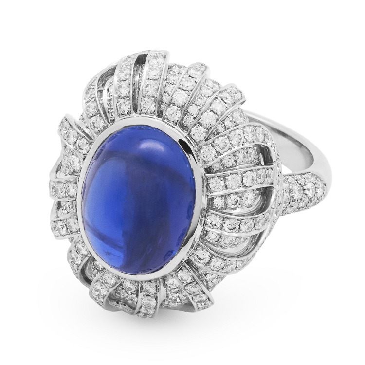 Detailed shot showcasing the deep blue 9.58ct cabochon sapphire centerpiece of the Tiffany ring.