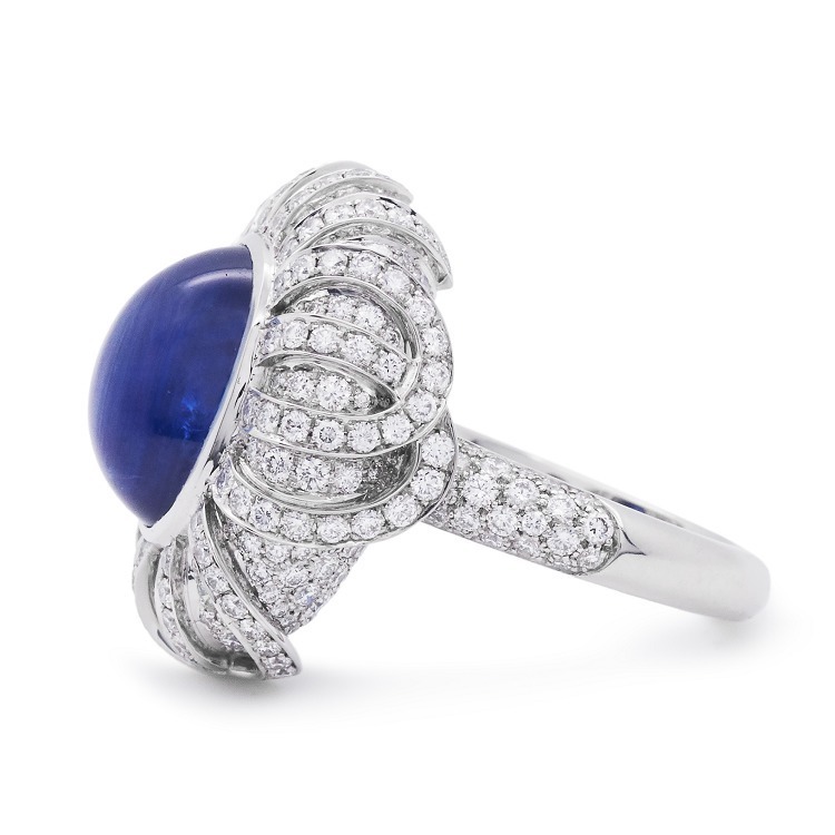 Perspective view highlighting the platinum and diamond inlay design on the Tiffany 'Flowing Waterfall' ring.