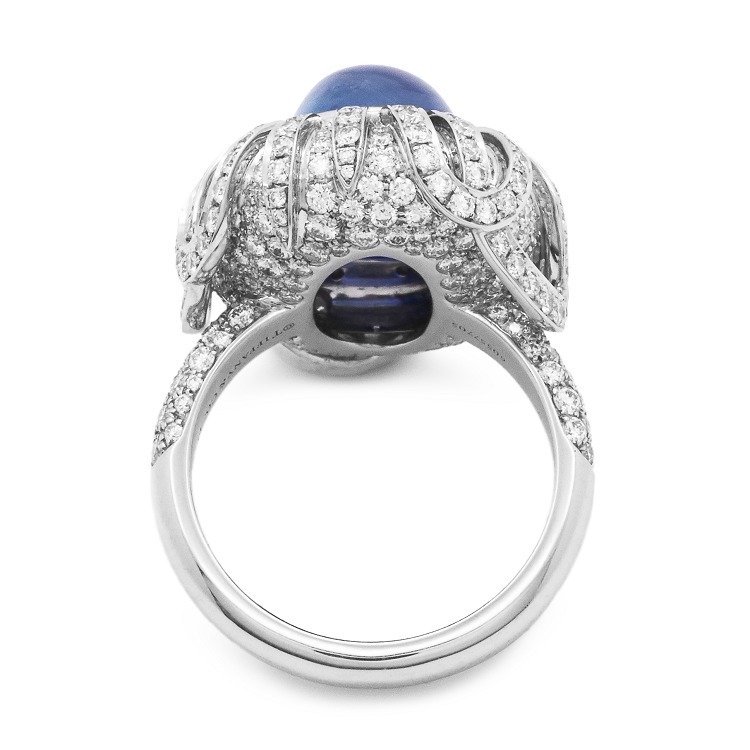 Artistic angle of the Tiffany & Co. 'The Art of the Wild' ring, emphasizing its waterfall-inspired cascading diamonds.