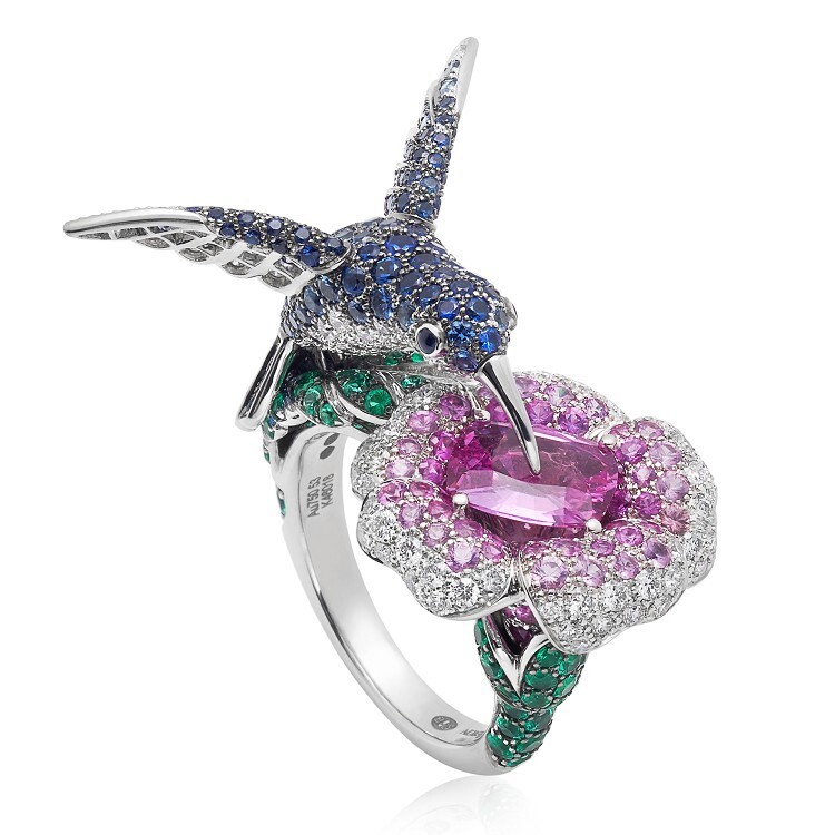Close-up view of the Boucheron Hopi The Hummingbird Ring showcasing sapphire feather details and diamond accents