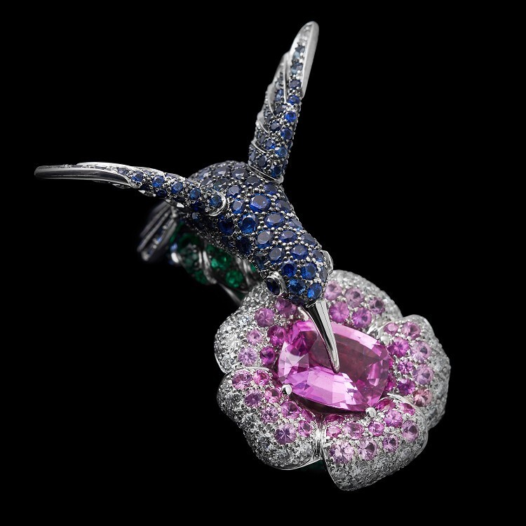 Angled view of the exquisite Boucheron Hopi The Hummingbird Ring, displaying its platinum and white gold craftsmanship