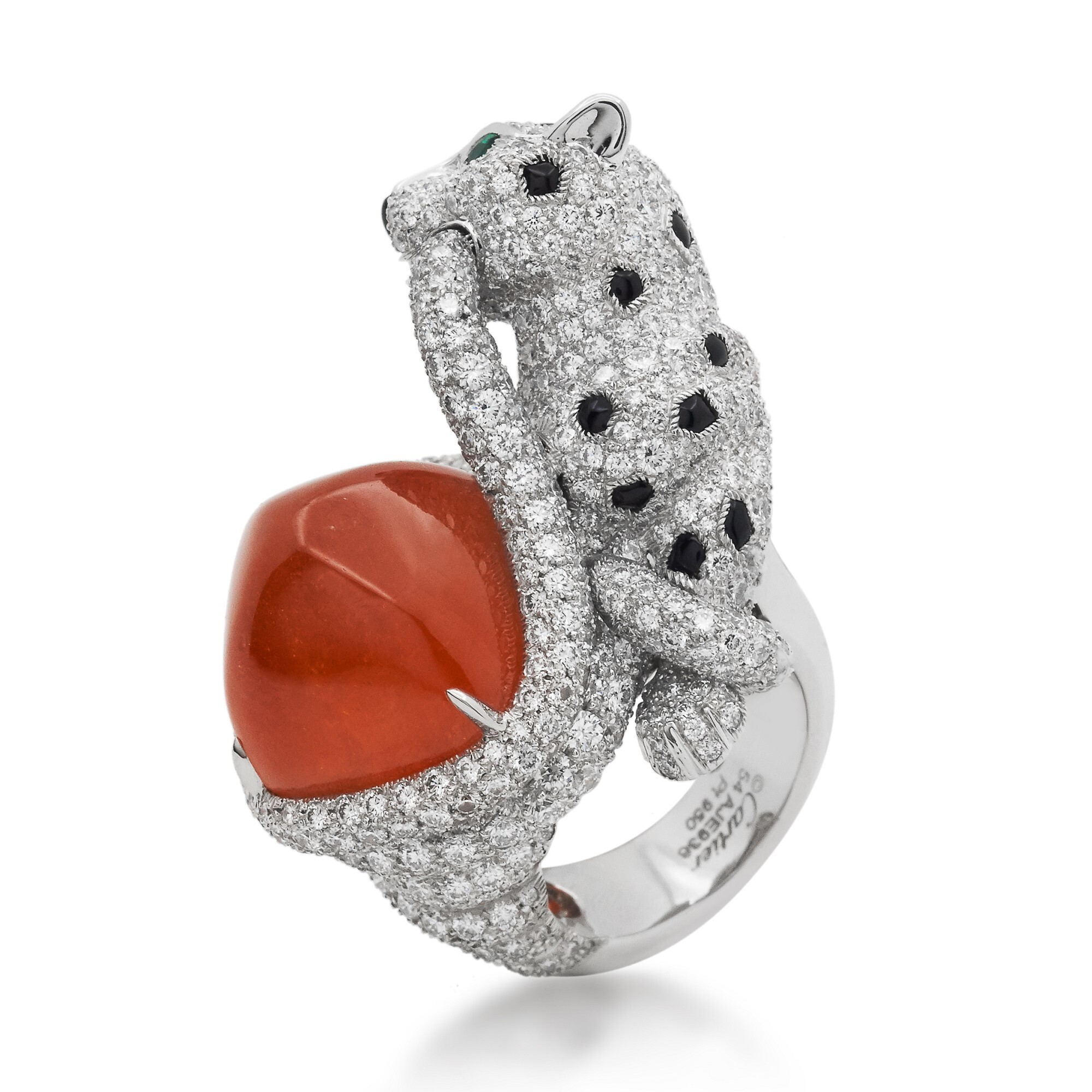 Platinum cheetah sculpture on the Cartier ring, detailed with brilliant-cut diamonds and cabochon onyx.