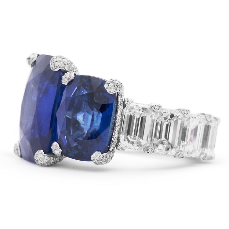 Detailed shot of the diamond embellishments on the de Grisogono Opera Sapphire Ring band