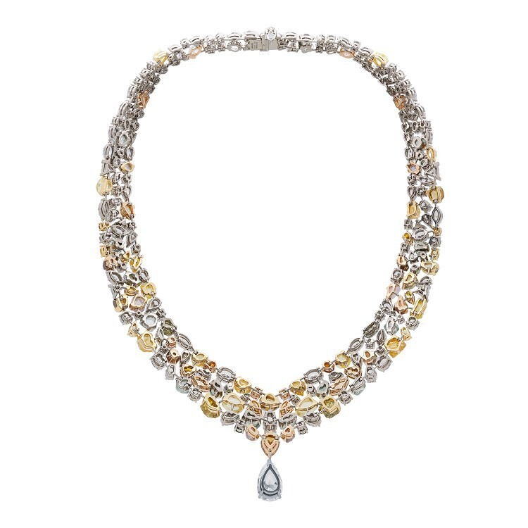 Close-up of the De Beers Soothing Lotus necklace showcasing diamond arrangements.