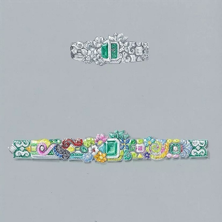 Detailed view of the emerald and surrounding tsavorite gemstones on the Dior secret watch