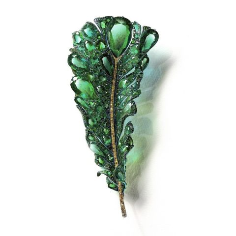 CINDY CHAO The Art Jewel Green Plumule feather brooch and earrings