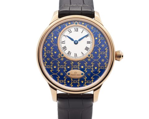 Jaquet Droz gold leaf carved enamel hour and minute dial watch
