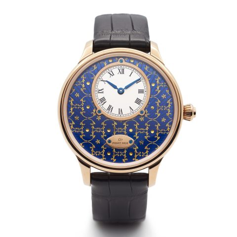 Jaquet Droz gold leaf carved enamel hour and minute dial watch