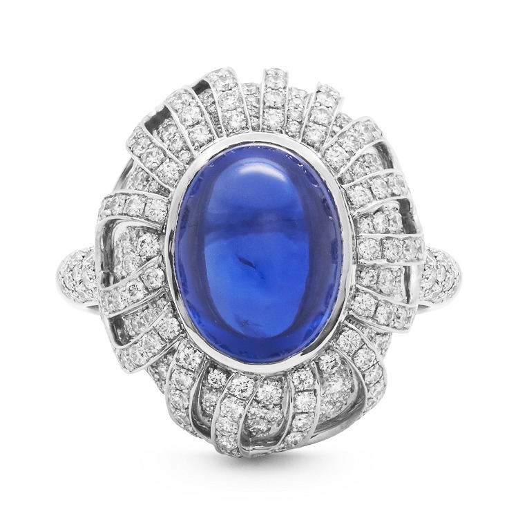 Close-up view of a magnificent Tiffany & Co. 'The Art of the Wild' sapphire and diamond ring.