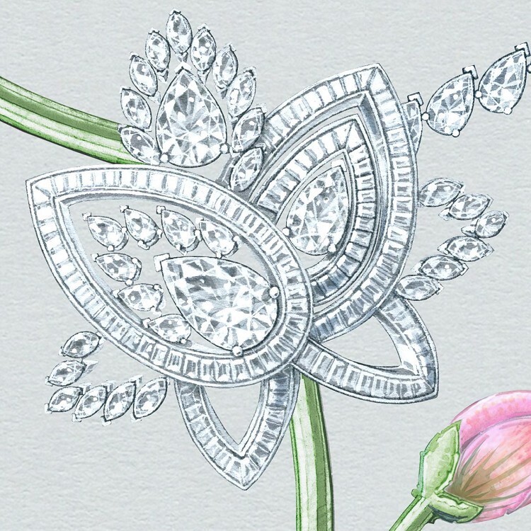The De Beers Blooming Lotus high jewelry necklace, an exceptional platinum piece adorned with a variety of diamond cuts