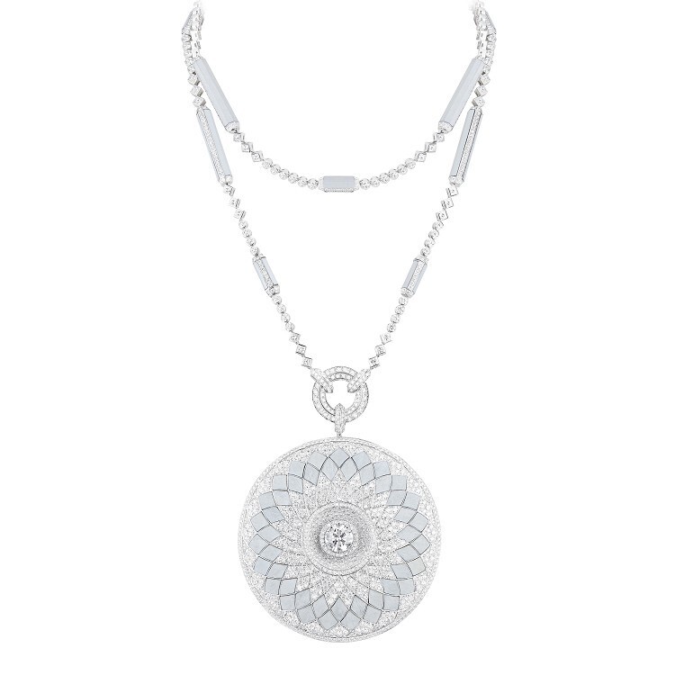 Detailed view of the Boucheron Rostov pendant showcasing its multi-layered design and diamond settings