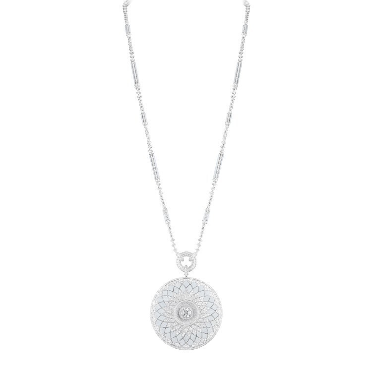 Side profile of the Boucheron Rostov pendant necklace, revealing its unique domed structure inspired by Russian architecture