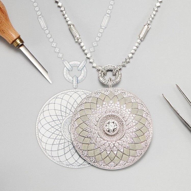 Artistic presentation of the Boucheron Rostov pendant, emphasizing its delicate balance of elements