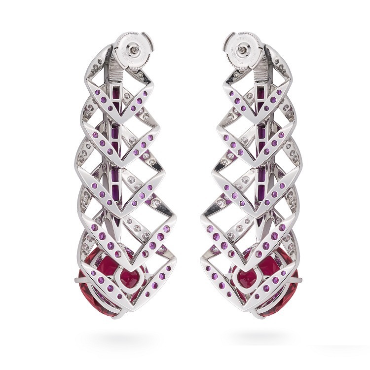 Close-up of Tiffany & Co. 'Yesterday, Today and Tomorrow' Earrings showcasing cushion-cut rubellites and diamond details