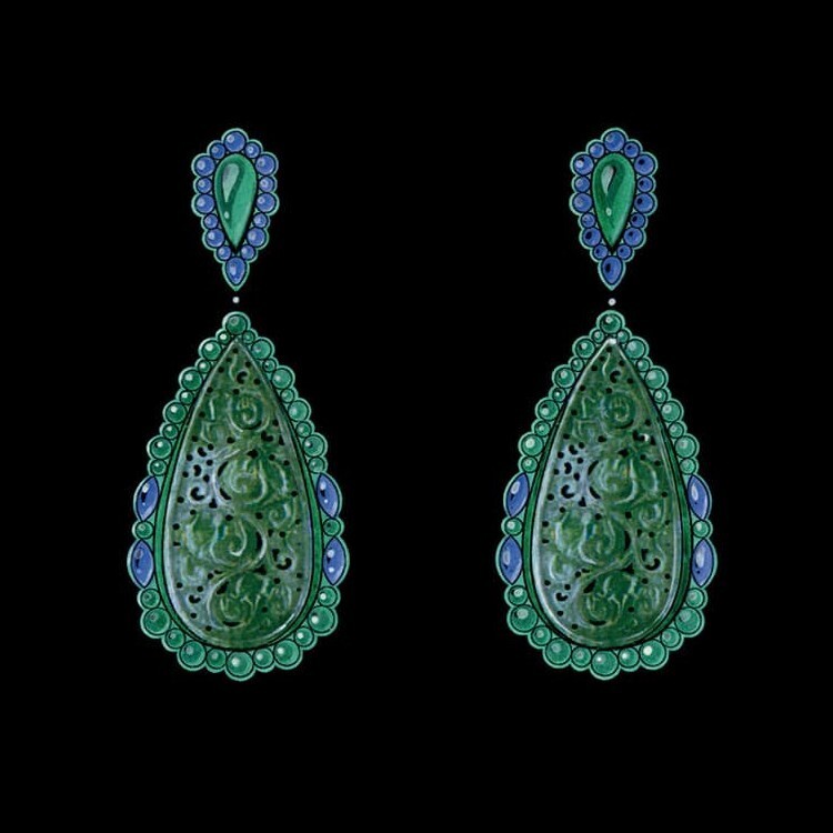 Close up view of Chopard Silk Road jade and emerald drop earrings