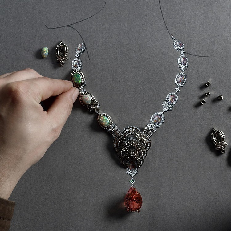 Full view of the opulent Louis Vuitton Conquêtes white gold pendant necklace with its array of precious stones.