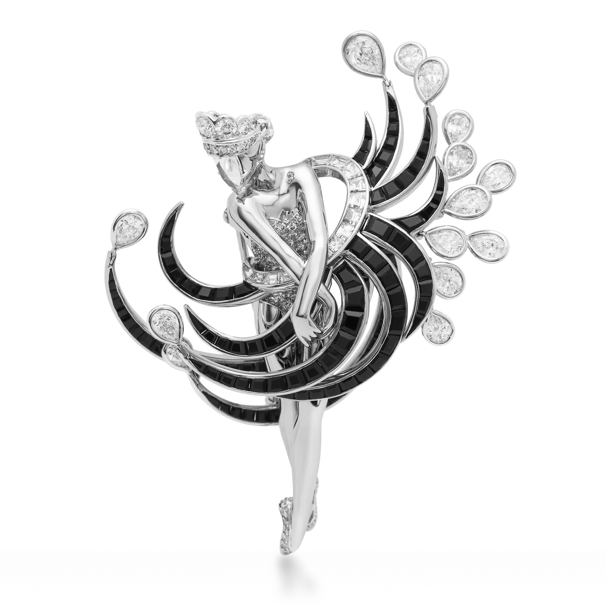 Detailed close-up of the dancer's face on the Van Cleef & Arpels Cygne Noir Brooch, highlighting the diamond crown and drop-cut diamond face