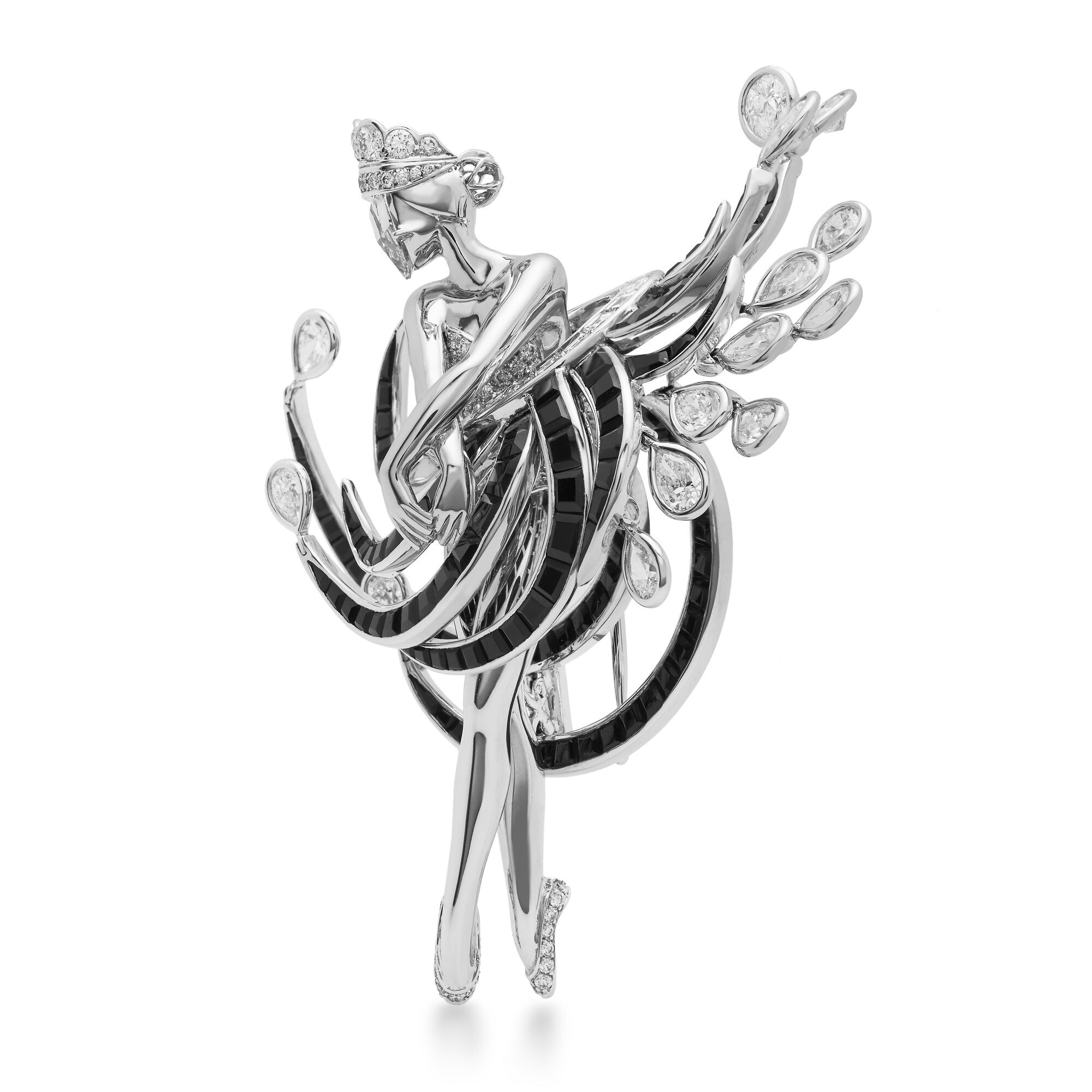 Artistic shot of the black spinel skirt on the Van Cleef & Arpels Black Swan Brooch, emphasizing its unique construction