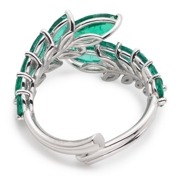 Detailed shot of the Chopard 'Emerald Palm Leaf' ring, highlighting the 22 marquise-cut emeralds.