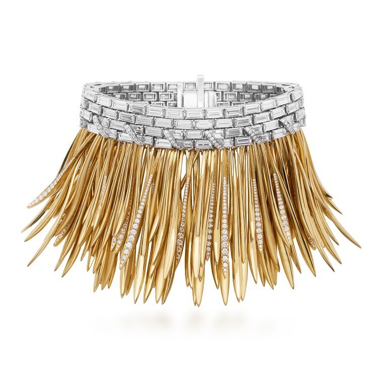 Close-up view of the Tiffany Whispers of the Rain Forest Bracelet, highlighting the baguette and round-cut diamonds