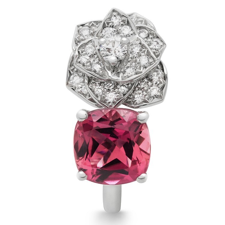 Close-up of Piaget Rose Ring featuring a vibrant pink tourmaline