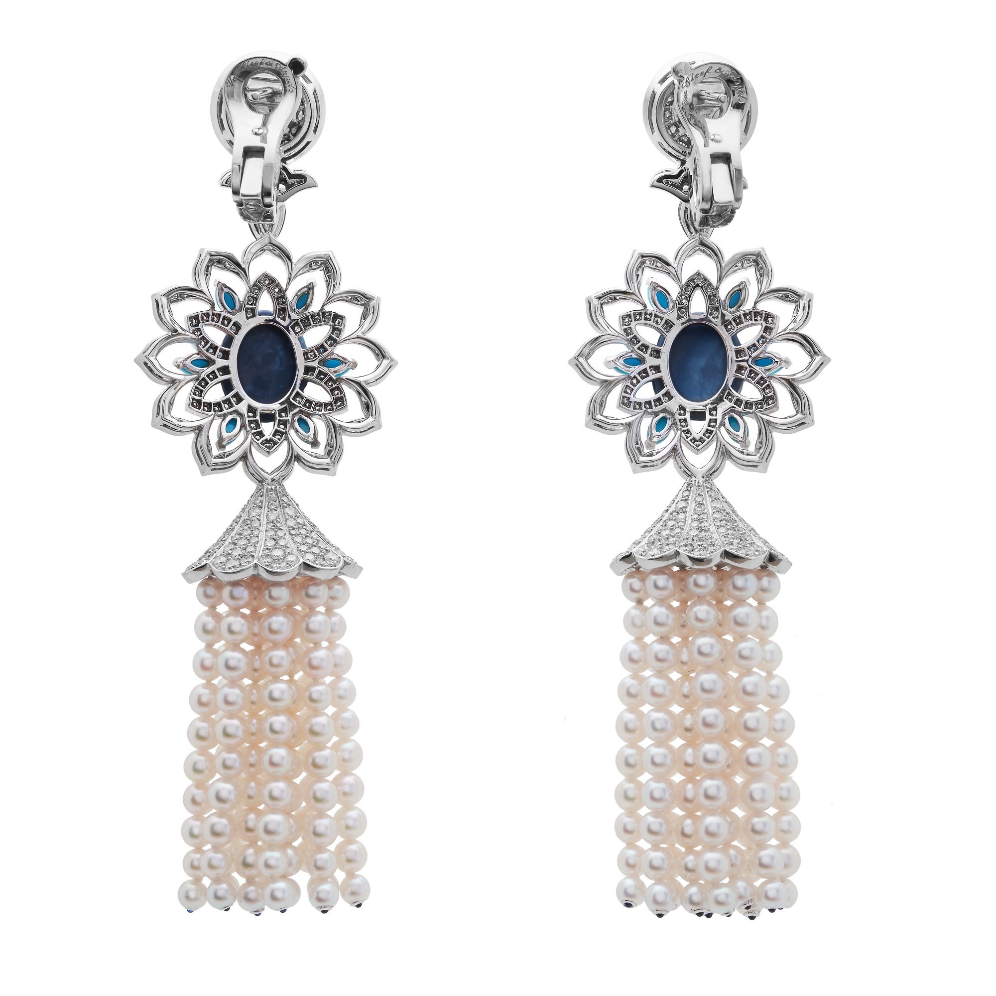 Close-up Detail of Van Cleef & Arpels Valse des Flocons Earrings Featuring Black Opals, Turquoise, and Diamonds