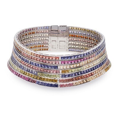 Detailed view of the Hermès Feux du Ciel collar, highlighting the intricate arrangement of tourmalines, garnets, iolites, and imperial topaz.