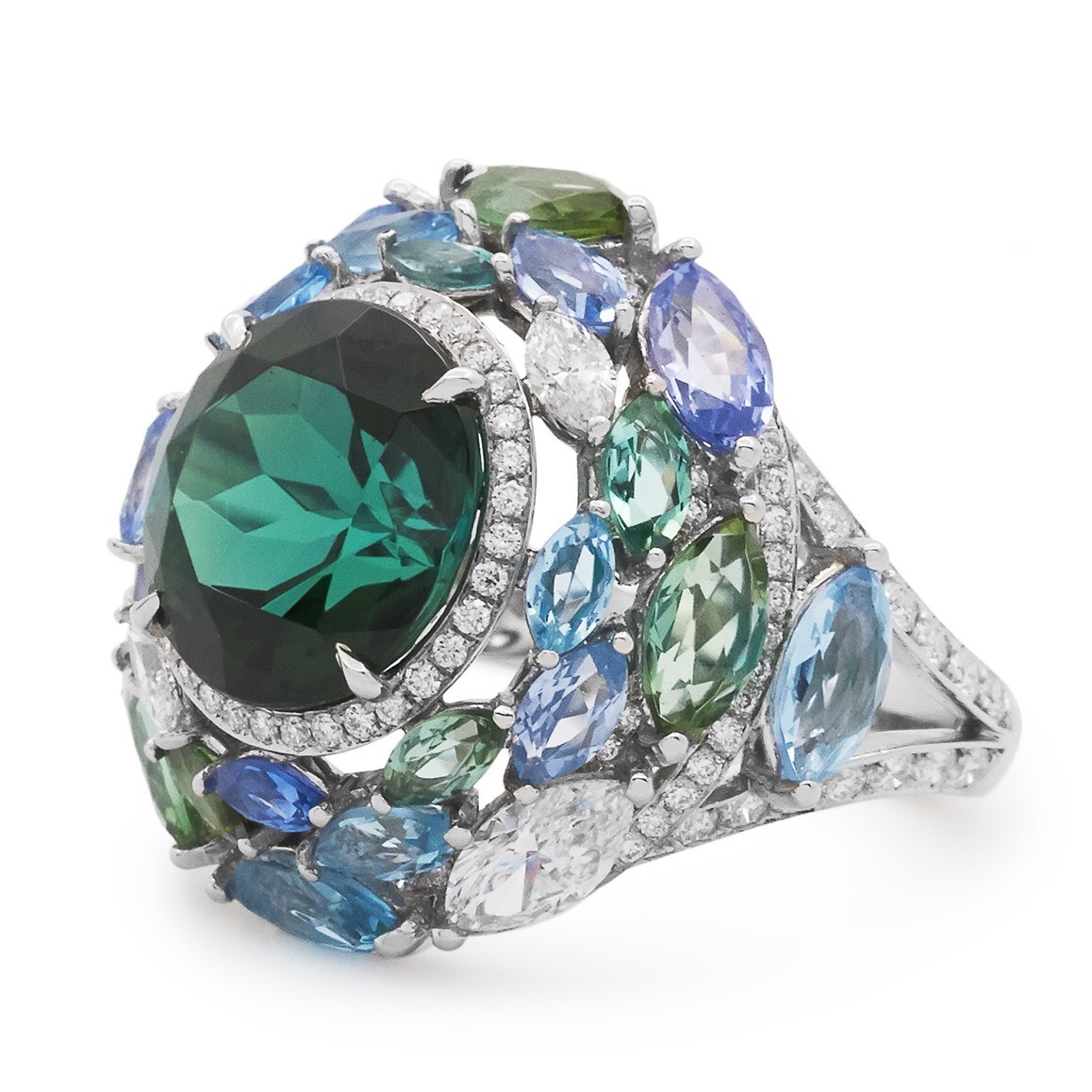 Close-up view of the Tiffany Blue Book ring, highlighting the vibrant 5.71ct round-cut green tourmaline centerpiece.