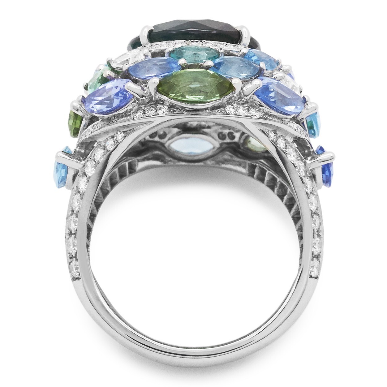 Side profile of the Tiffany & Co. high jewelry ring, showcasing the intricate platinum setting adorned with small round diamonds.