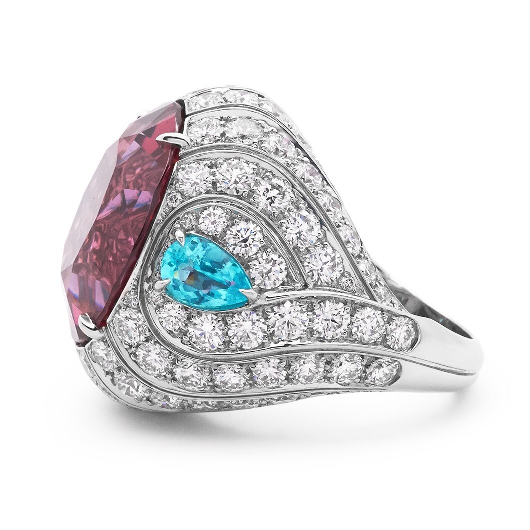 Side view of Tiffany Blue Book Wave Ring showcasing intricate diamond and tourmaline details