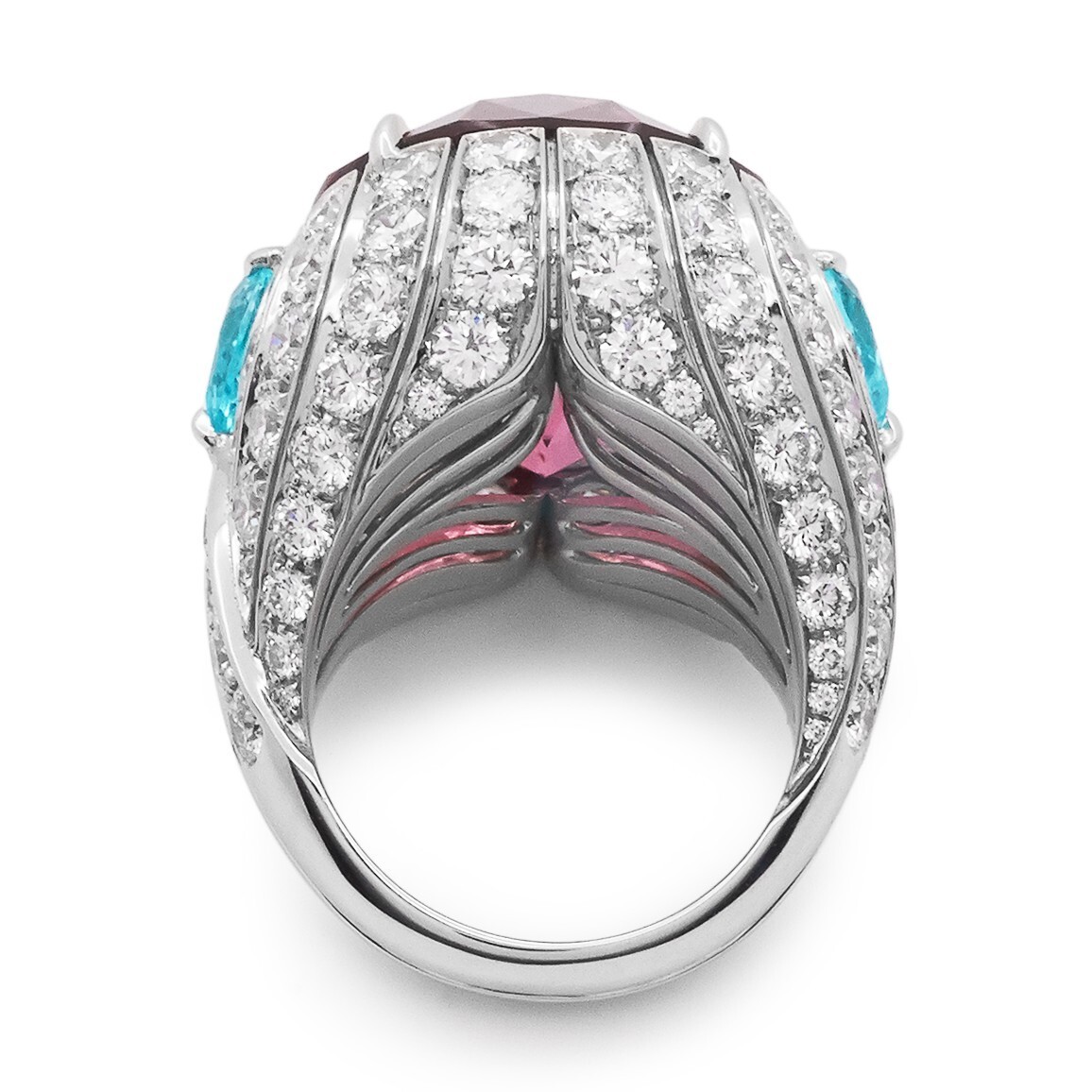 Close-up of the magnificent 27.08-carat oval pink spinel in Tiffany's Wave Ring
