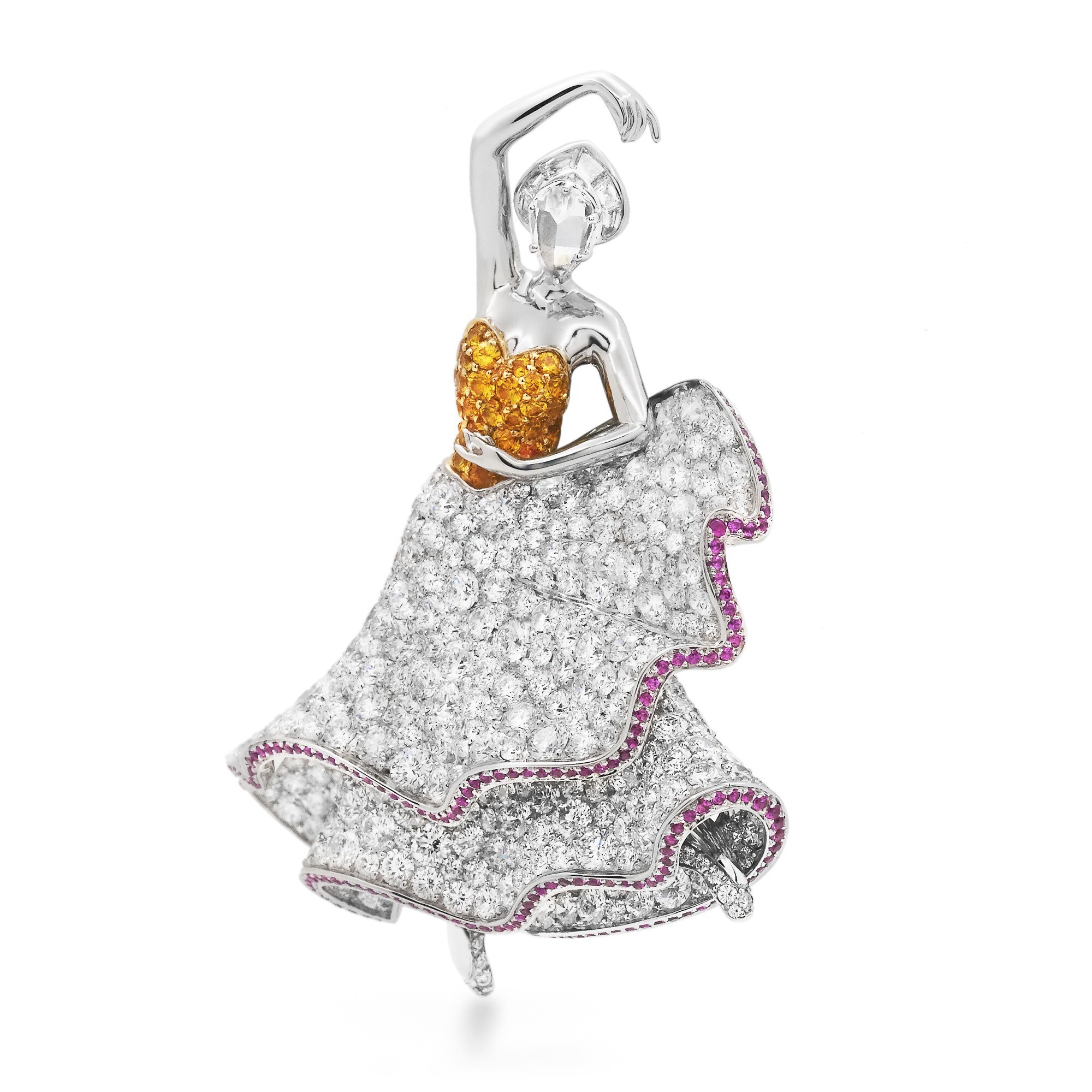 Detailed view of the Van Cleef & Arpels Sylphide Brooch bodice, sparkling with yellow sapphires