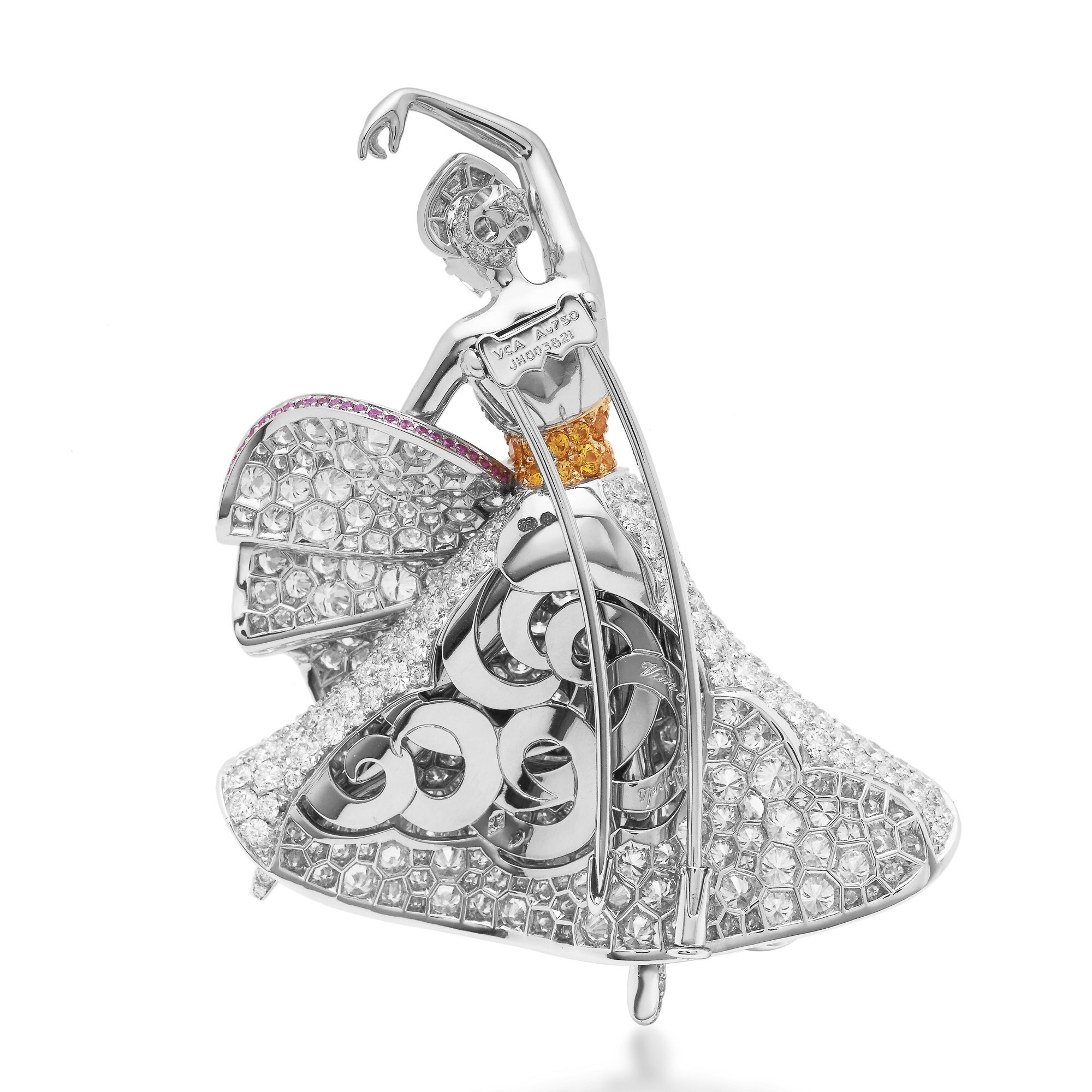 Side angle of the Van Cleef & Arpels Ballet Précieux Sylphide Brooch, showing the layered skirt with pink sapphire accents