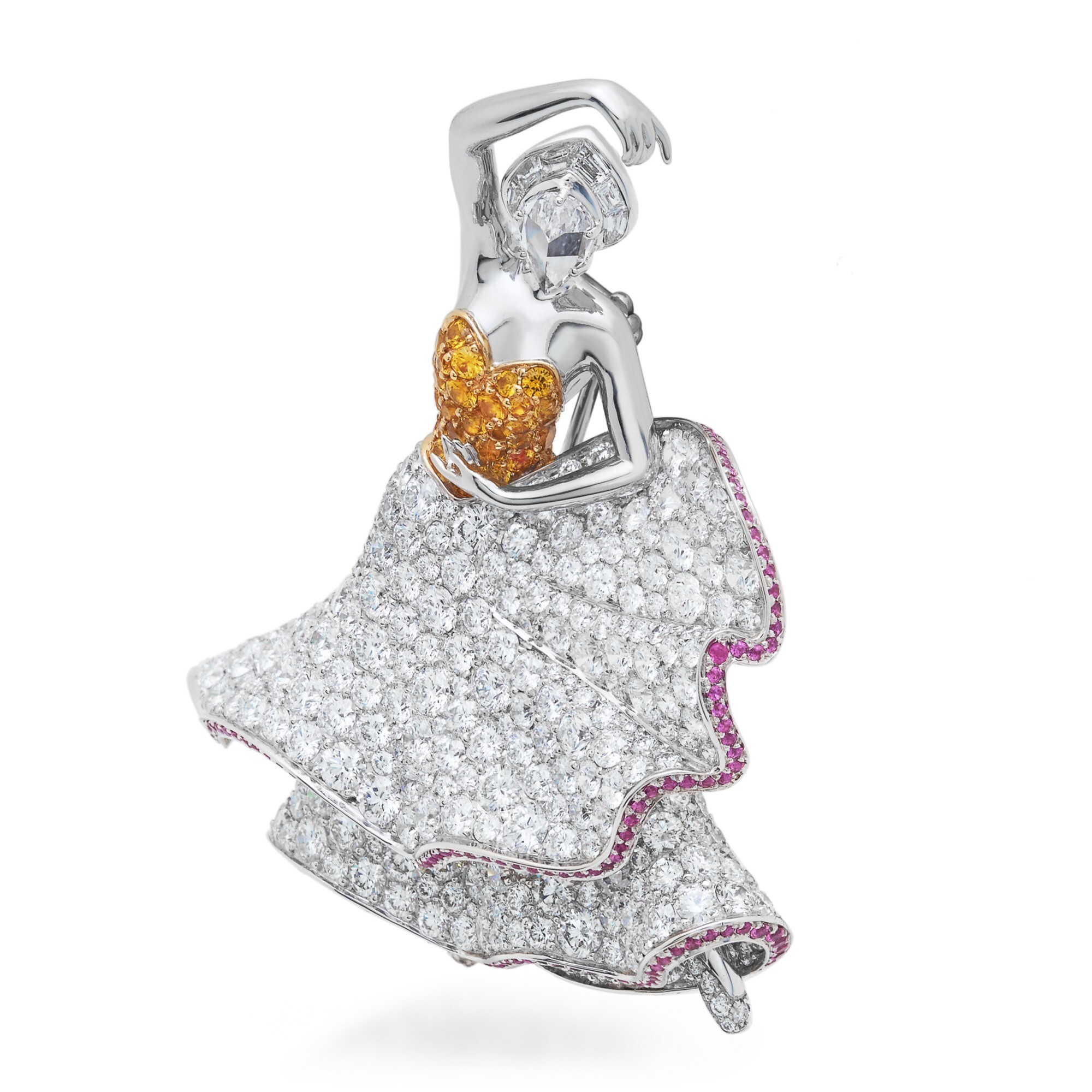 Top-down view of the Van Cleef & Arpels Sylphide Brooch, emphasizing the ballet dancer's pose and voluminous skirt