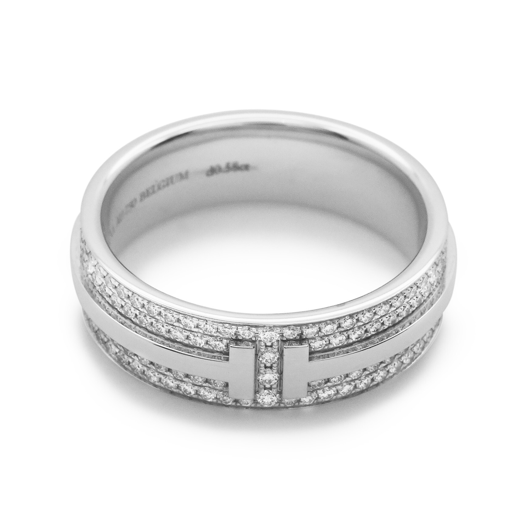Detailed shot of the Tiffany T Two ring, highlighting its distinctive double-layer 'T' design.
