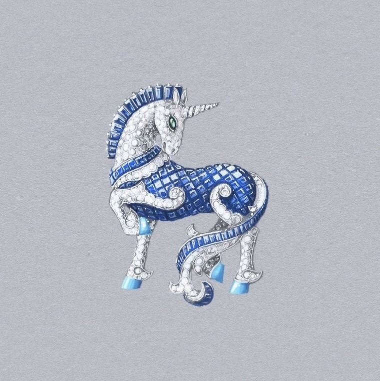 Close-up of the Van Cleef & Arpels 'Licorne' unicorn brooch from the L'Arche de Noé collection, showcasing its intricate design