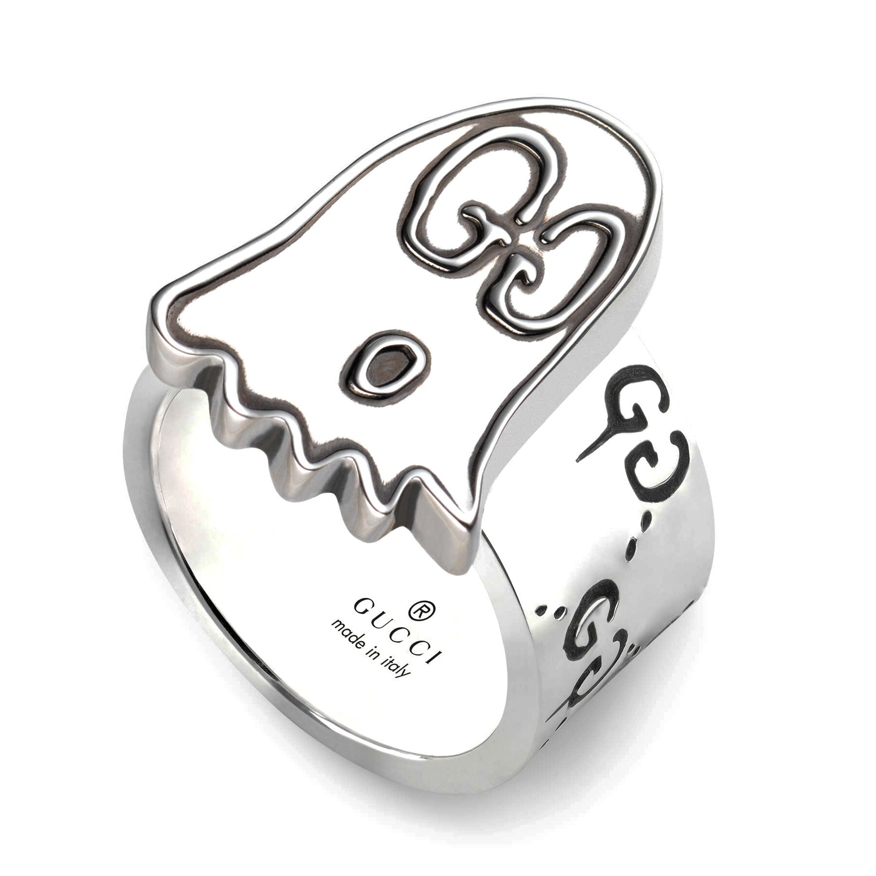 Close-up of the Gucci Ghost Ring showcasing the engraved Double G logo and paint drip details.