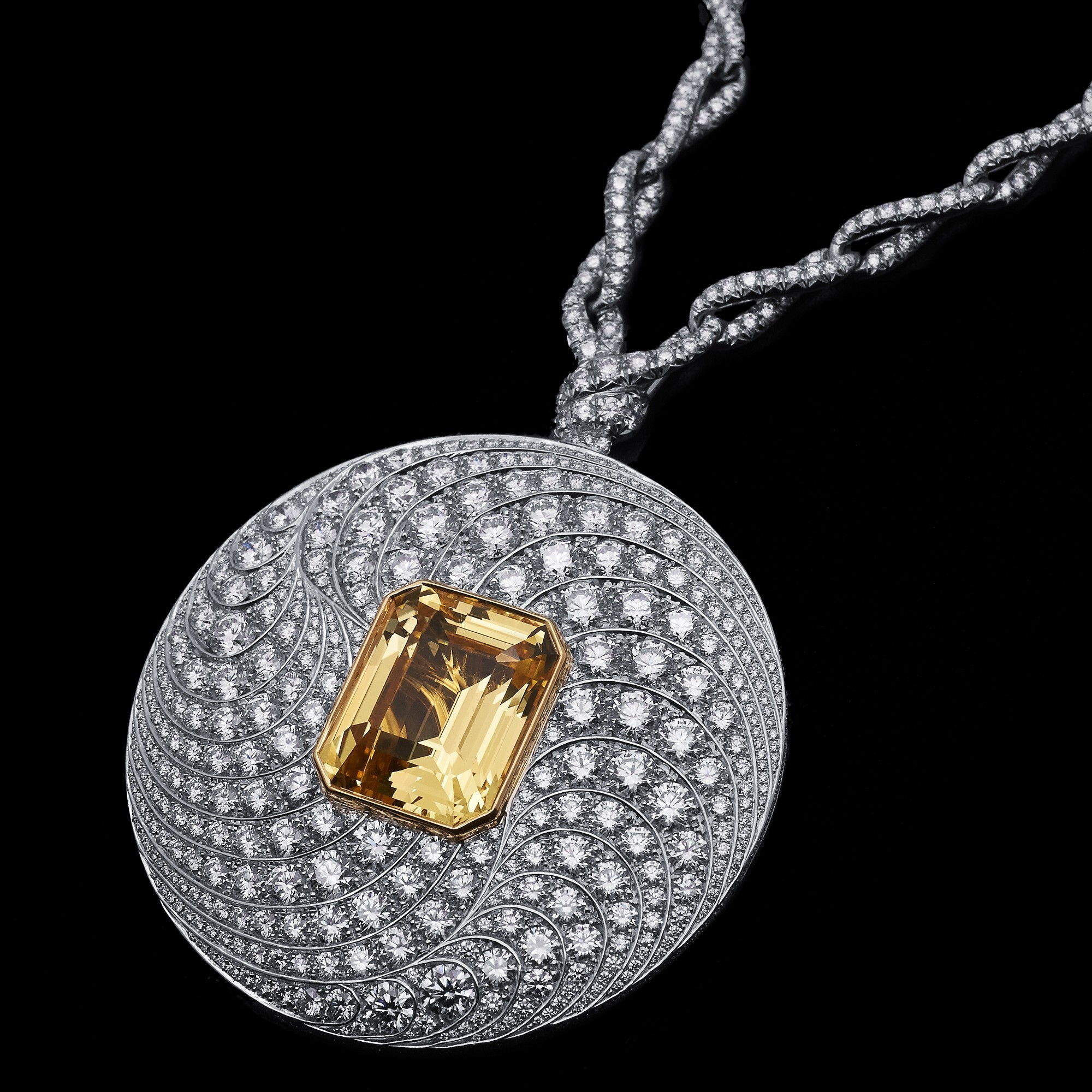 Detailed shot of the Tiffany & Co. Blue Book necklace's intricate diamond-set platinum and gold design.