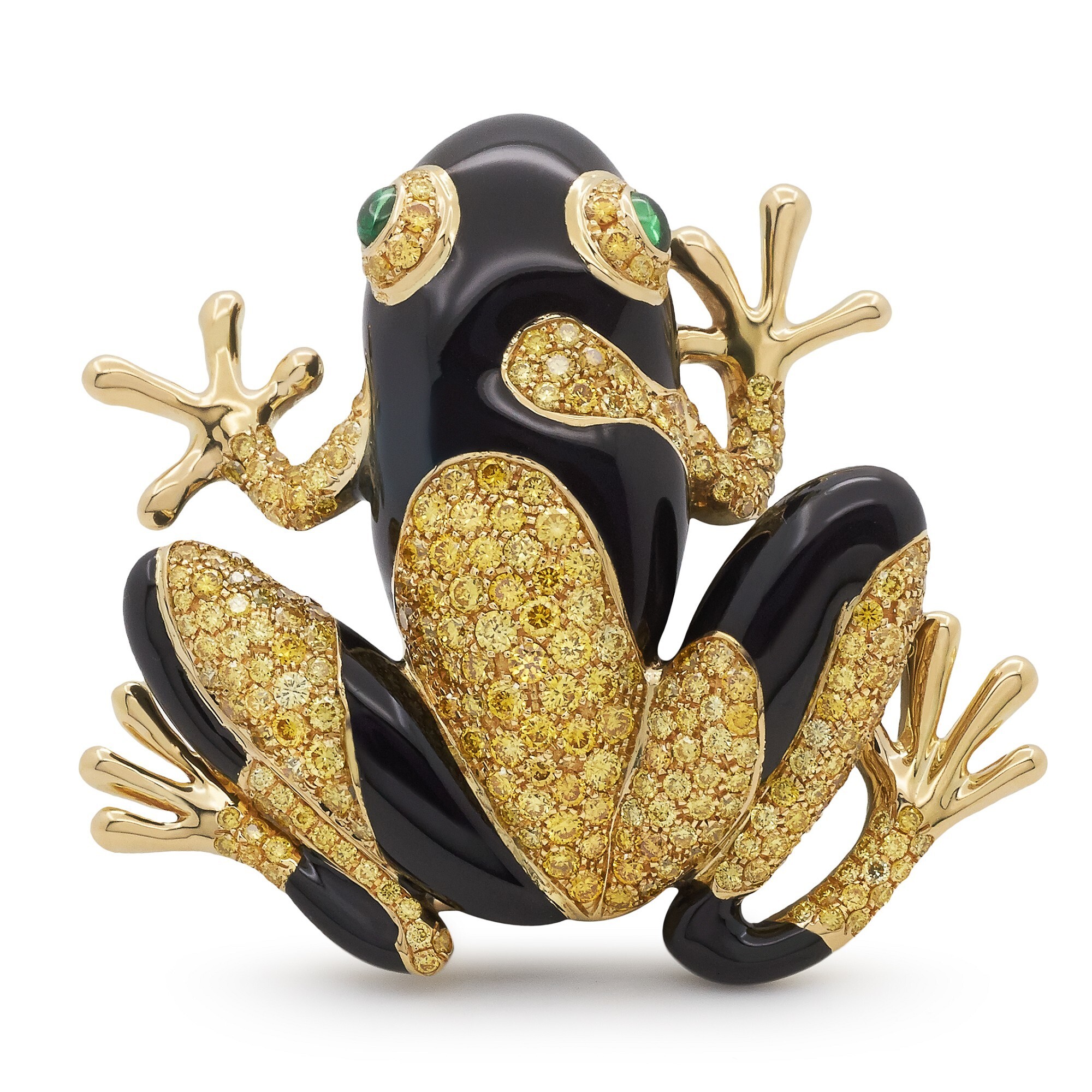 Detailed front view of the Tiffany & Co. tree frog brooch, highlighting the vibrant yellow diamond patterns and black enamel body.
