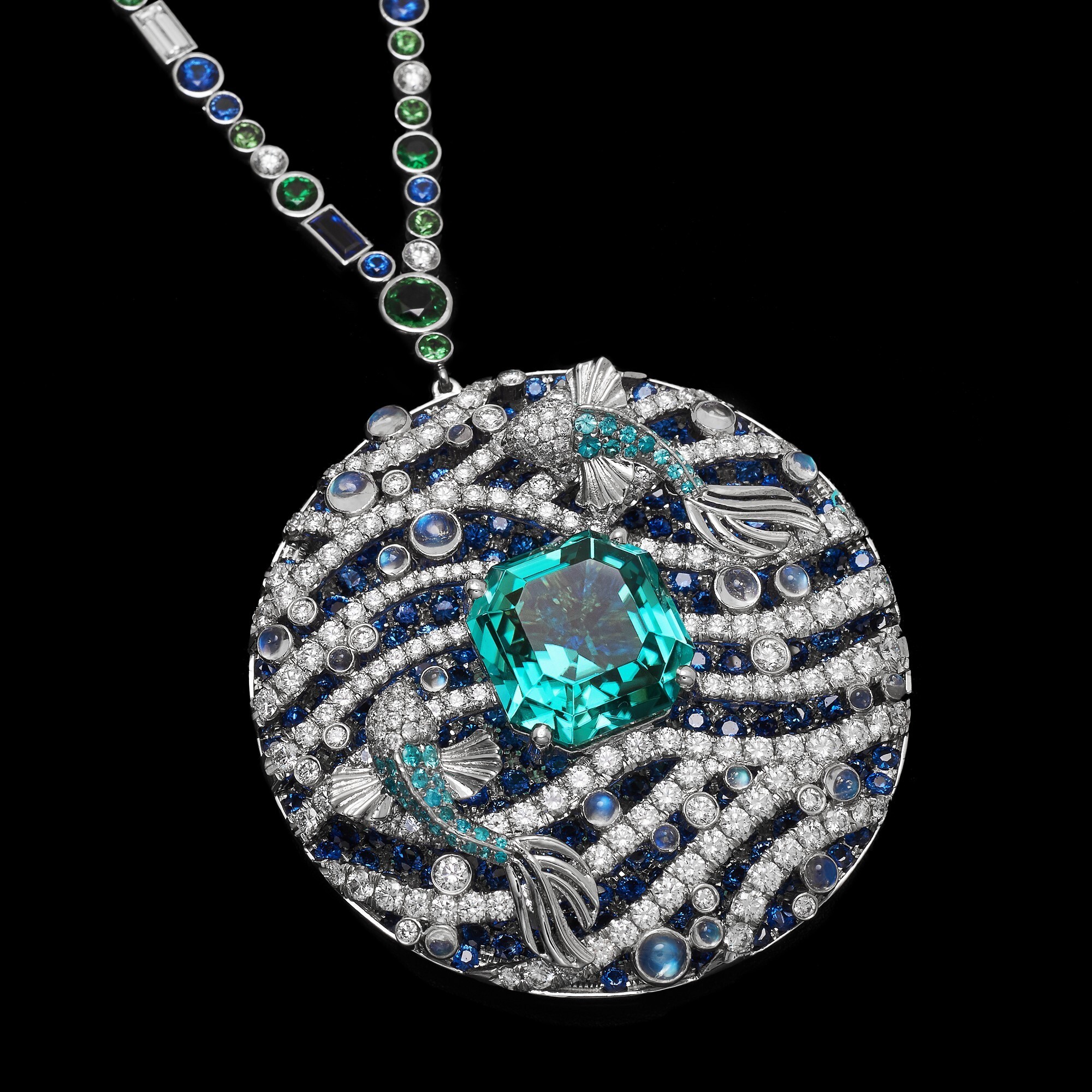 Side profile of the Tiffany & Co. pendant necklace, highlighting the layered gem structure representing ocean waves and bubbles.