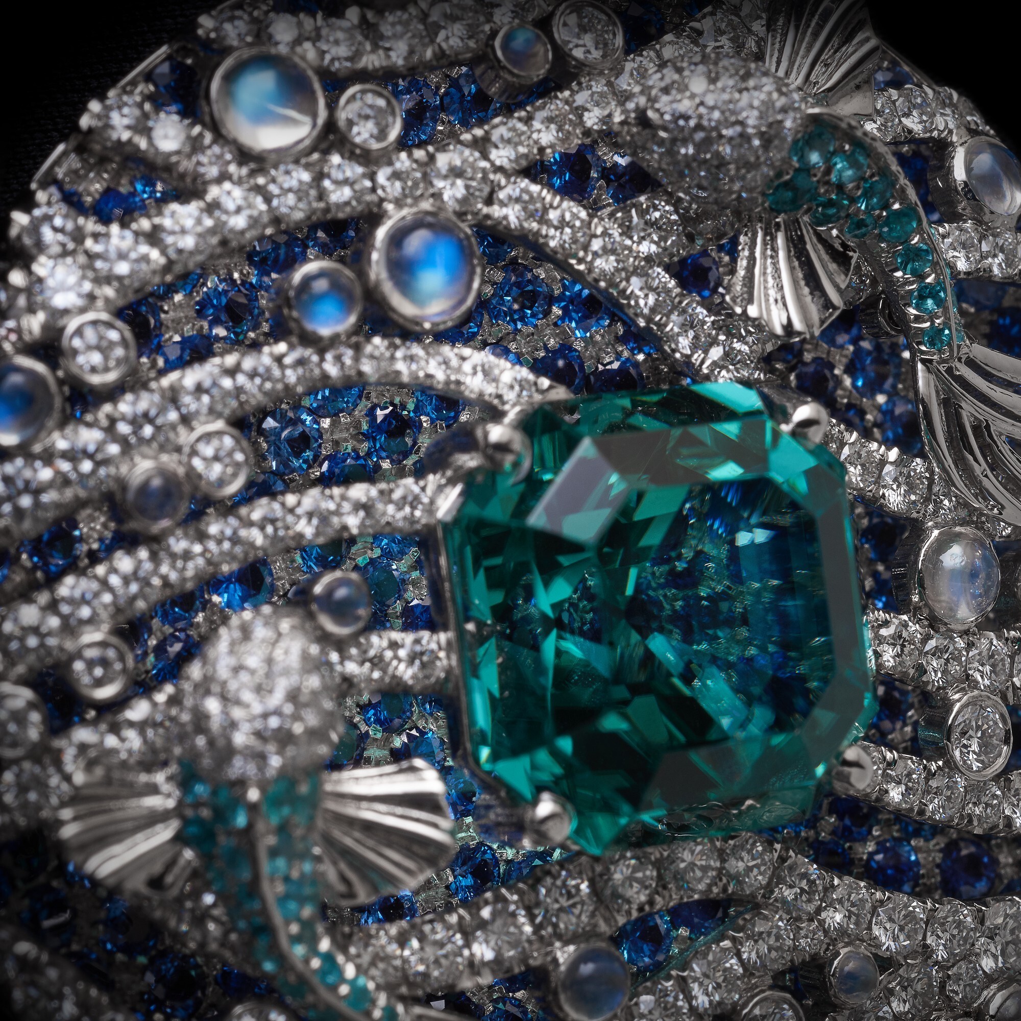 Artistic rendering of the Tiffany & Co. pendant necklace, emphasizing the interplay of diamonds, tourmalines, moonstones, and sapphires.